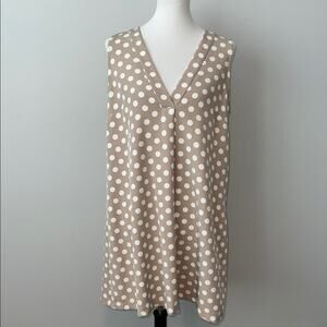 Mango Sleeveless V-Neck Tan Polka Dot Shift Dress Women's Large